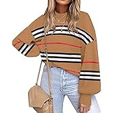 ETCYY Womens Sweaters Fall 2026 Batwing Long Sleeve Side Slit Knit Tops Crew Neck Striped Oversized Sweater Pullover
