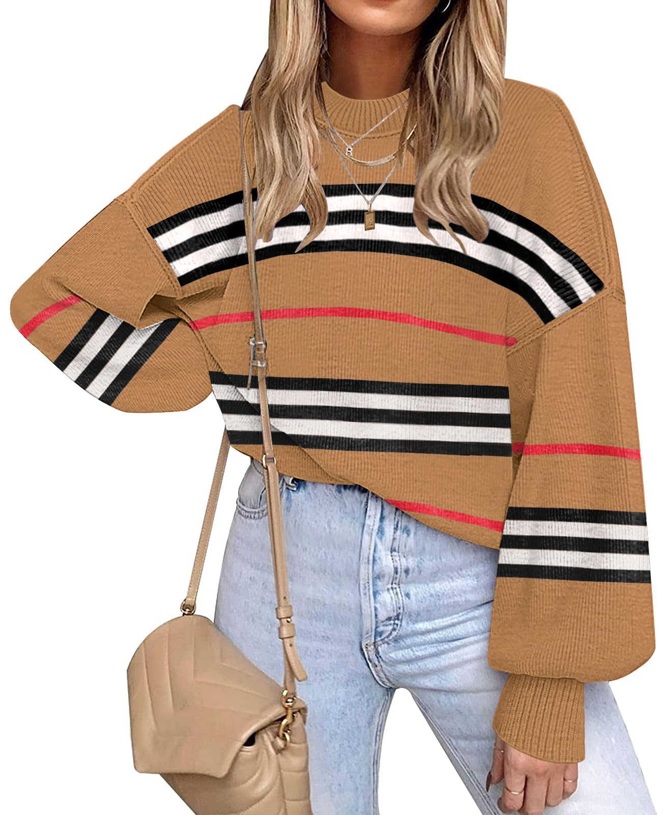 Photo 1 of ETCYY Womens Sweaters Fall 2025 Batwing Long Sleeve Side Slit Knit Tops Crew Neck Striped Oversized Sweater Pullover,A Color Brown,X-Large