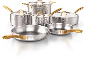 Homaz life Pots and Pans Set, Tri-Ply Stainless Steel Hammered Kitchen Cookware, Induction Compatible, Dishwasher and Oven Safe, Non-Toxic, Professional Grade Cooking Sets, 10-Piece, Silver