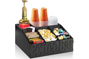 JORKOL Coffee Bar Organizer for Accessories, Wood Station for Countertop, Farmhouse Pod Syrup Holder, Condiment Organizer for Decor (Black)