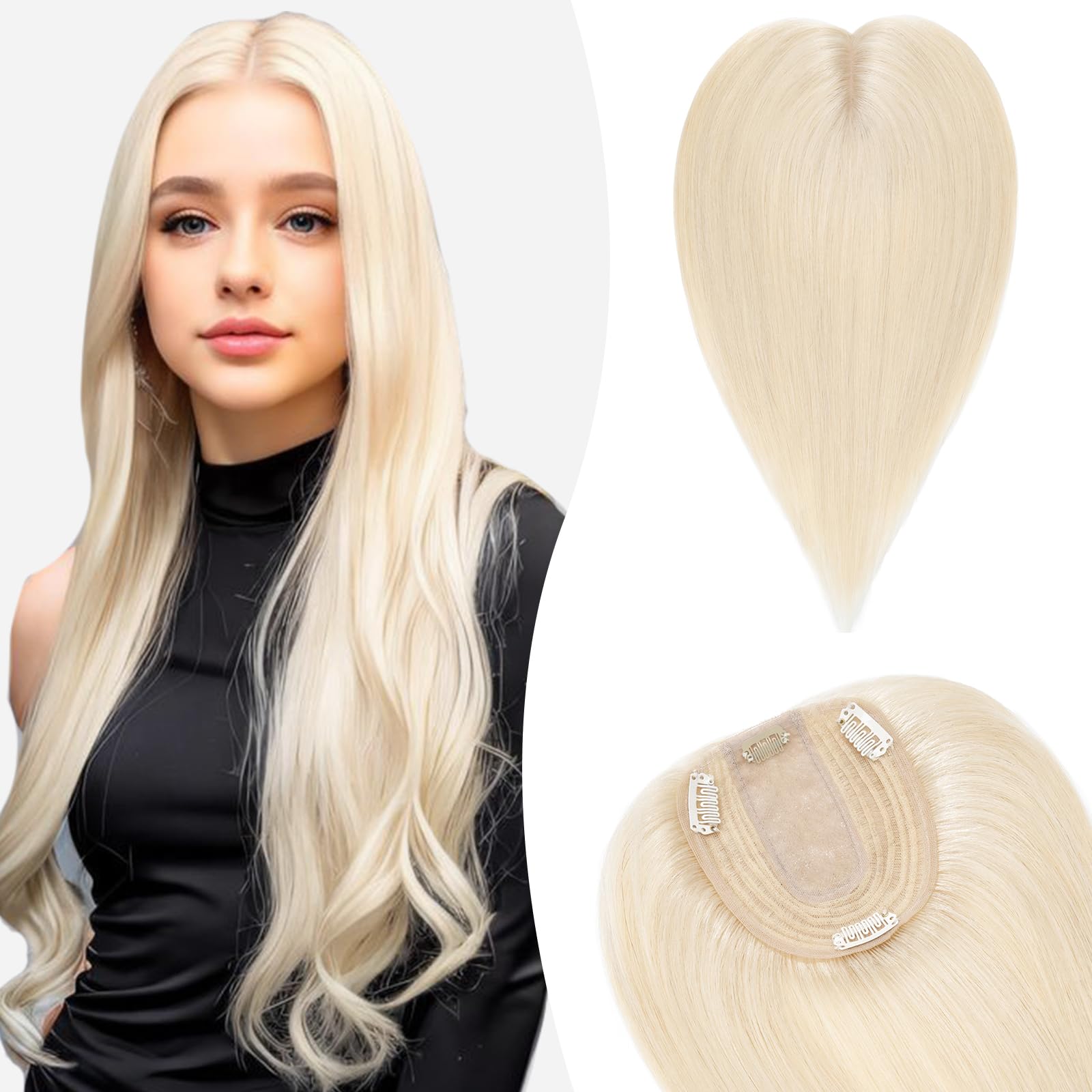Silk-co 10inch Hair Toppers for Thinining Hair Women Real Human Hair for Crown Hair Top Hairpiece Clip in Hair Extensions(#60 Platinum Blonde) โ image 1