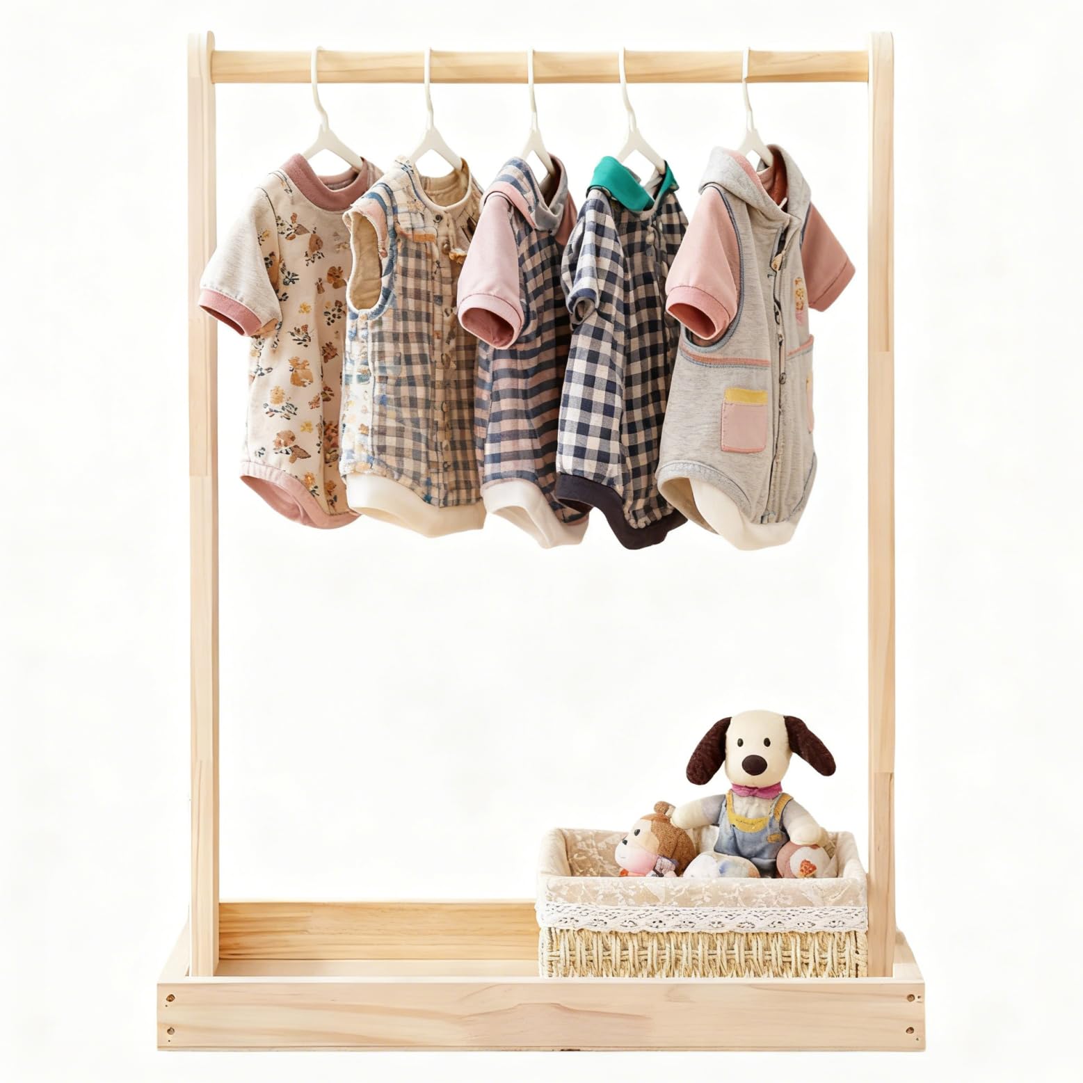 Photo 1 of Toomieukidy Baby Clothing Rack for Baby Shower, Pets Clothes Rack with Storage Box & Hanging Rod for Dogs Cats Dolls Clothes Display, Wooden Baby Shower Crate Closet