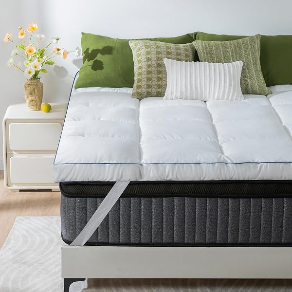 QUEEN ROSE MATTRESS TOPPER FULL SIZE, PILLOW TOP EXTRA THICK MATTRESS PAD, SOFT BAFFLE BOX OVERFILLED DOWN ALTERNATIVE FOR BACK PAIN, 4 CORNER STRAPS, WHITE