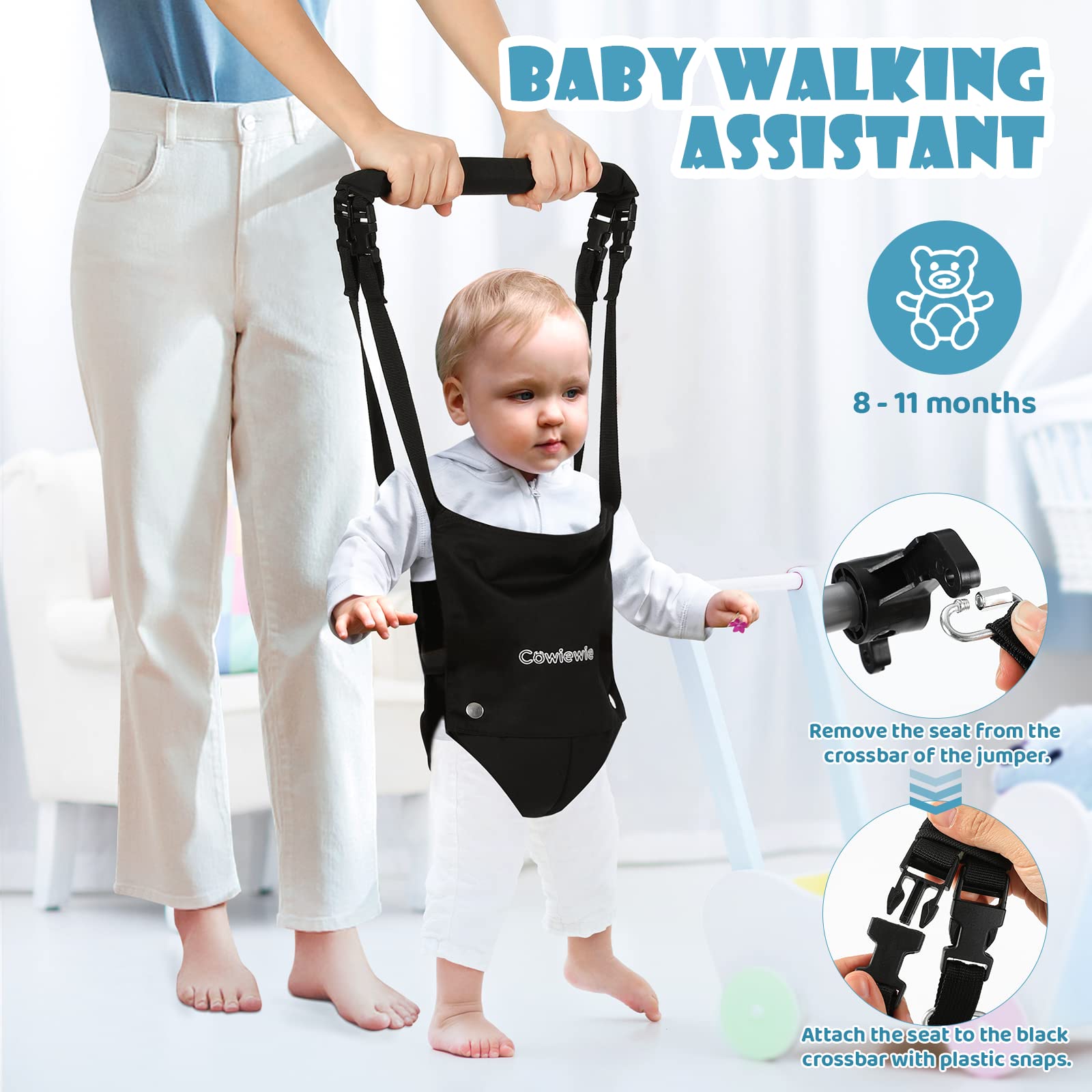 Cowiewie Baby Jumper with Strong Support Stand, w/Walking Harness Function, Baby Exerciser Quick-Fold and Storage
