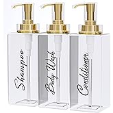 Akalin Shiny Shampoo and Conditioner Dispenser 16oz, Set of 3 Refillable Shampoo and Conditioner Shiny Bottles with Pump, 3 Clear Body Wash Dispenser for Shower, Gold Soap Dispenser Bathroom (Clear)