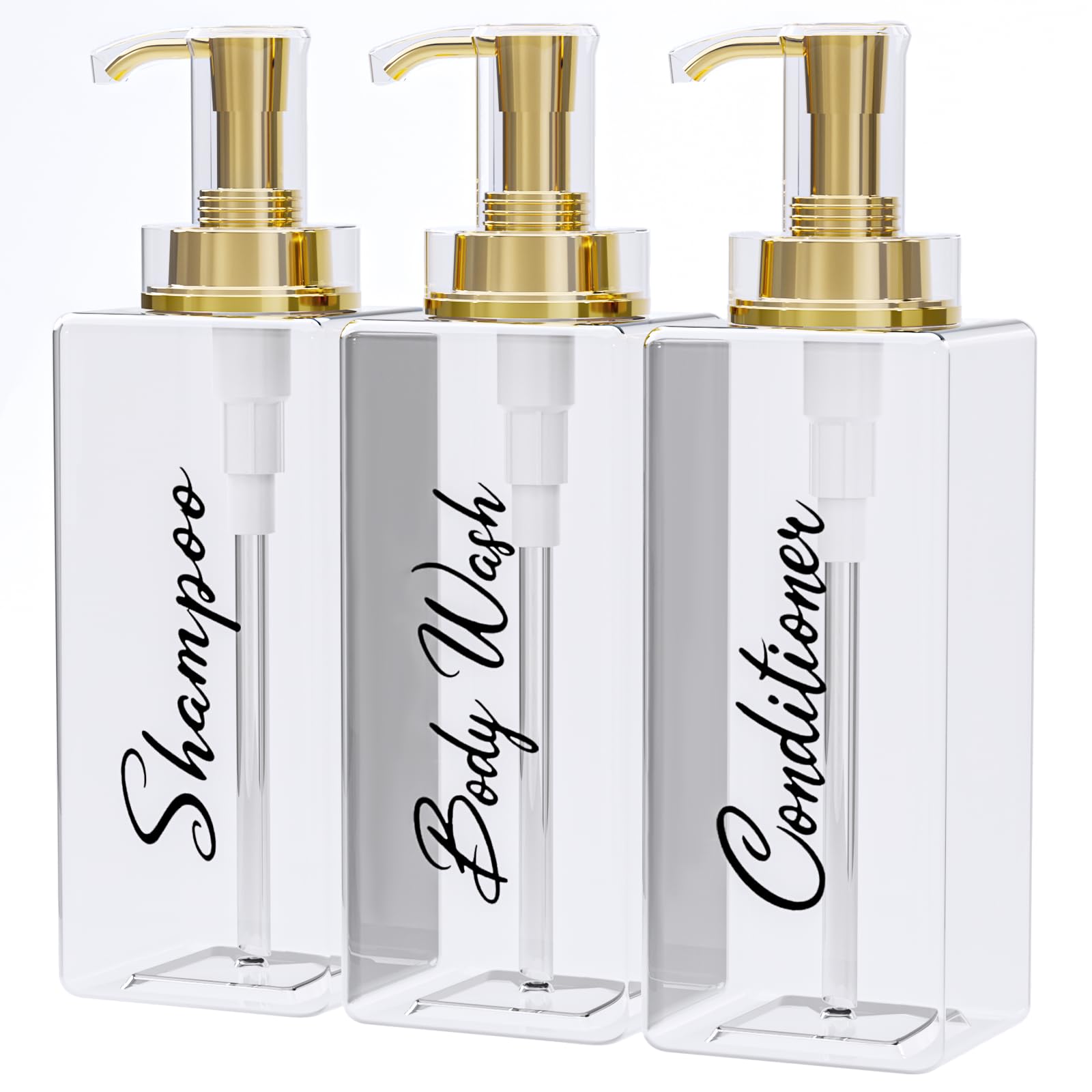 Photo 1 of Akalin Shiny Shampoo and Conditioner Dispenser 16oz, Set of 3 Refillable Shampoo and Conditioner Shiny Bottles with Pump, 3 Clear Body Wash Dispenser for Shower, Gold Soap Dispenser Bathroom (Clear)