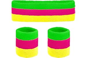 Ronglry 80s Neon Sweatbands Set 80s 90s Outfits for Women Sports Wristband and Headband Neon Sweat Band 80 s Accessories for Women Sweatband for Glow Party Supplies Halloween Costume