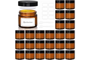 UPBUD Amber 2oz Glass Jars with Lids - 24 Pack Brown Small Cosmetic Containers with Stickers & 2 Spoons, Wide-Round Smooth Mouth, Sealable for Creams, Lotions, Body Butter, Travel Samples
