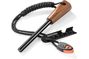 DONTRD Survival Fire Starter - Handmade Wooden Handle 3/8" Thick Ferro Rod with Striker and Umbrella Rope Waterproof Iron Rod Flint and Steel Fire Starter Kit