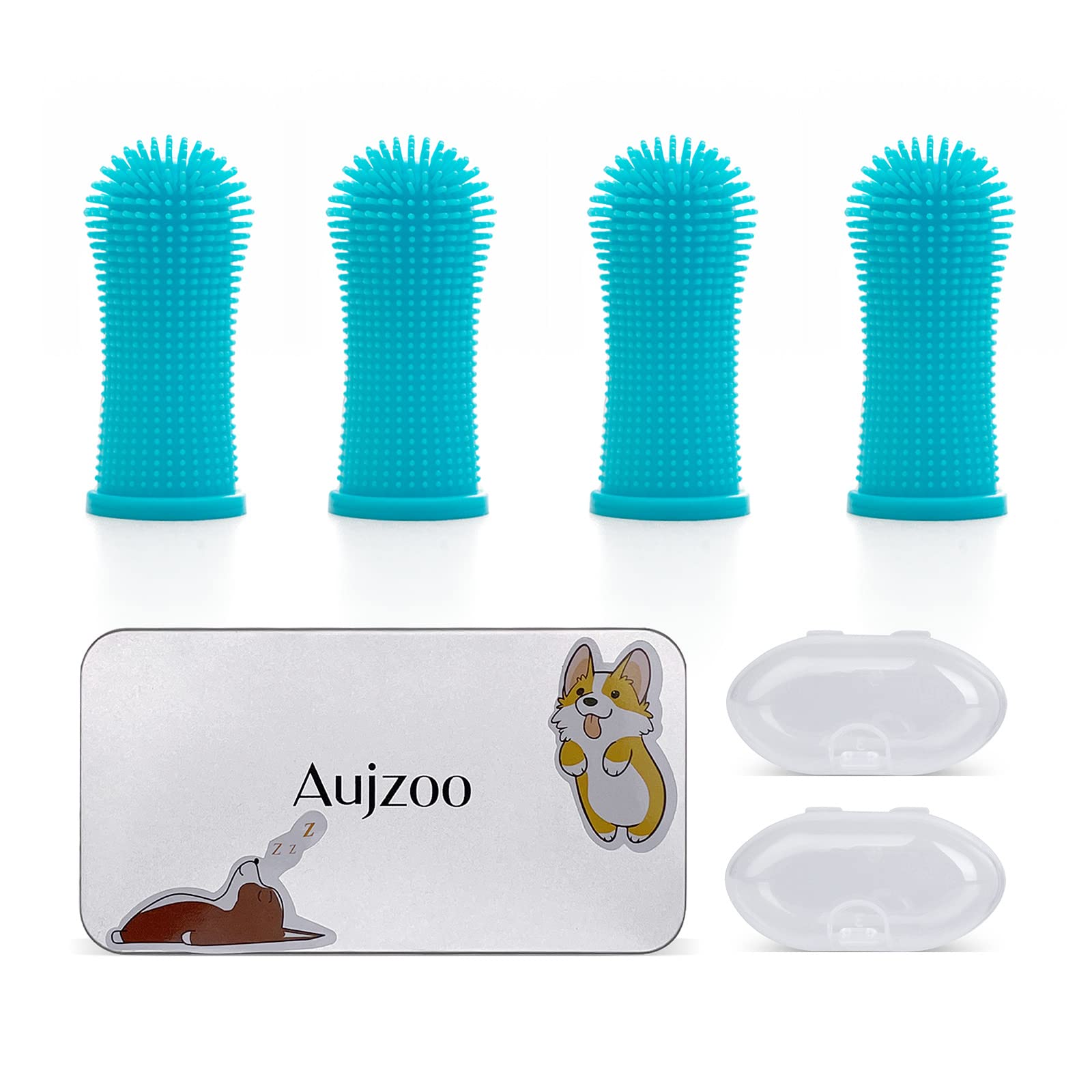 Aujzoo Dog Toothbrush, 360º Pets Teeth Cleaning Toothbrush for Dogs Cats Dental Care, Silicone Finger Teeth Brush Set of 4 04-Blue