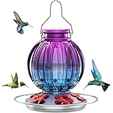 Glass Hummingbird Feeder for Outdoors Hanging, 26Oz Bird Nectar Feeder with Perch & 5 Flower Feeding Ports, Leak Proof for Outside Garden Decor Backyard, Gifts for Women Mom, Purple Blue