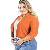 Lastshe Women's Plus Size Shrug Open Front 3/4 Sleeves Cropped Bolero Openwork Fabric Cardigan