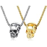 Kawailay 2 Pcs Skull Necklace Skeleton Head Necklace Gothic Punk Biker Rock Hip Hop Pendant Necklace for Men Women - Gold and Silver
