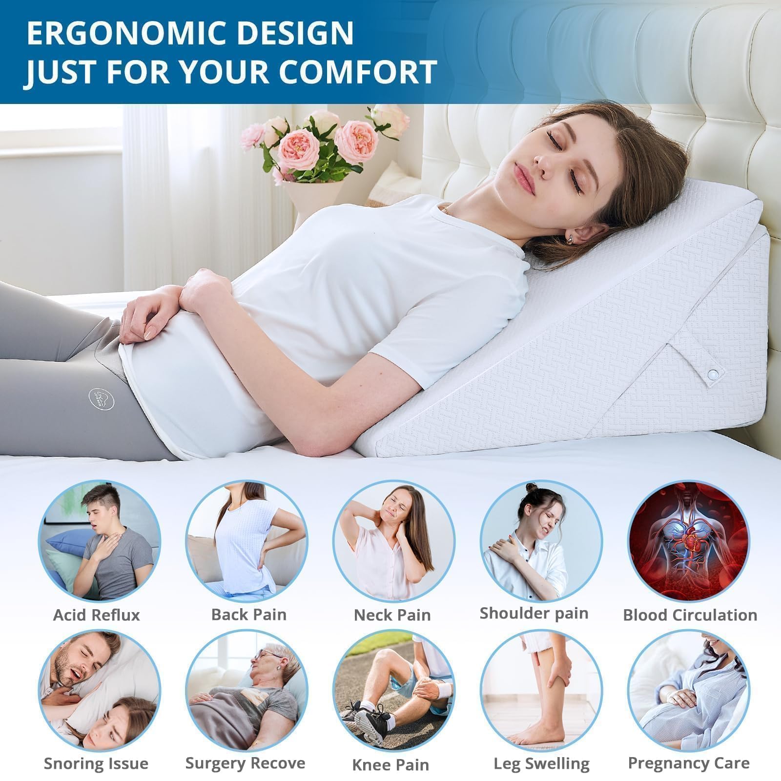 Sasttie Wedge Pillow Headboard, Adjustable Bed Wedge Pillow for After Surgery, Sleeping, Acid Reflux, Neck Pain, Back Pain, and Surgery Recovery, White