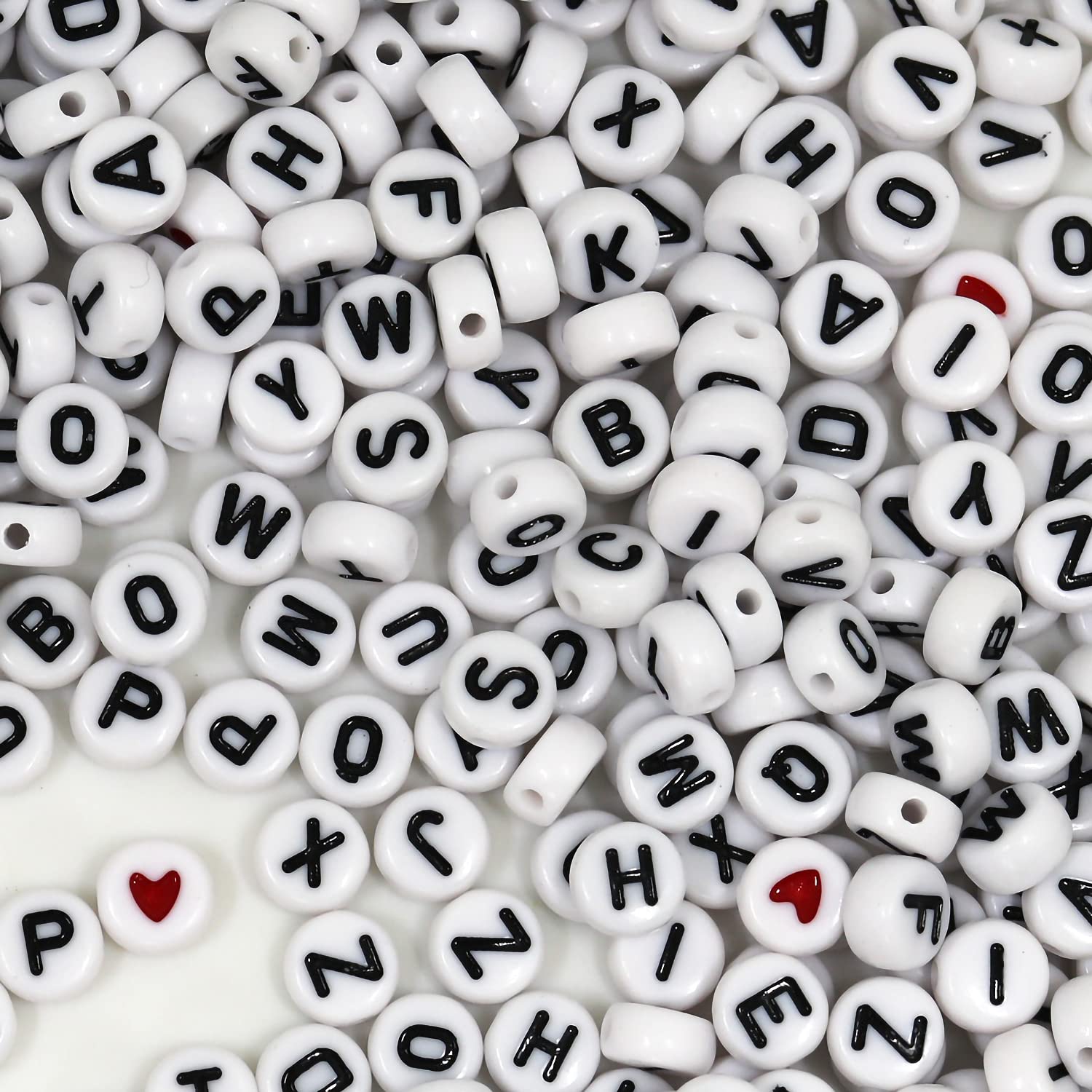 WangLaap 1450Pcs Letter Beads, Acrylic 4x7mm Round Alphabet A-Z and Red Heart Black Star Beads for Bracelets Necklaces DIY Jewelry Making (White)