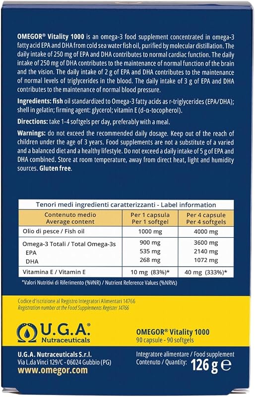 Omega 3 EPA y DHA IFOS Certificado 90 Cápsulas - OMEGOR Vitality 1000 Omega-3 Aceite de Pescado Libre de Metales Pesados y Fácil de Digerir