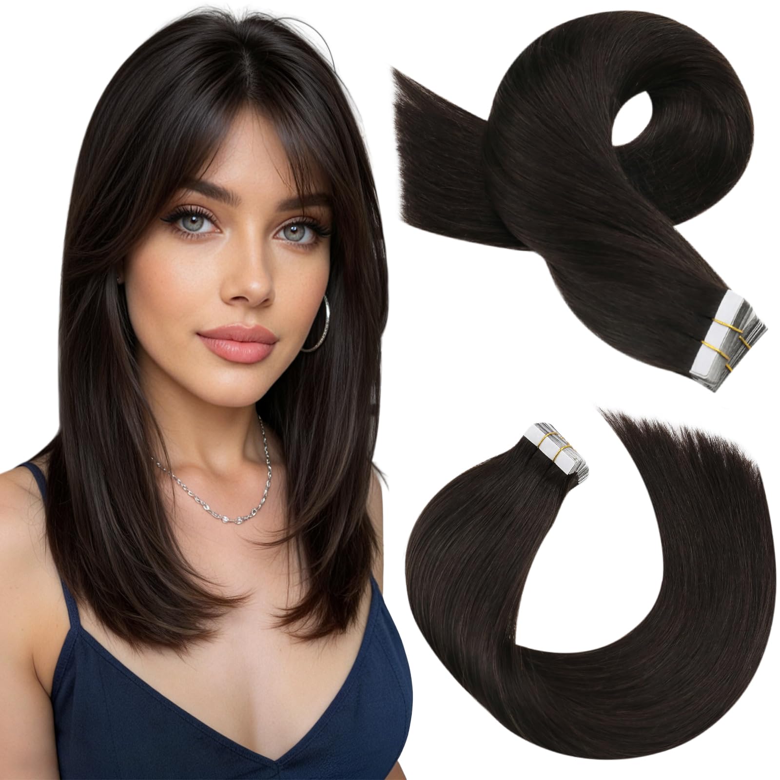 Moresoo Dark Brown Hair Extensions Tape in Human Hair Invisible Tape in Hair Extensions Remy Hair Straight for Women Layered Hair 14 Inch 20pcs/40g #2 — image 1