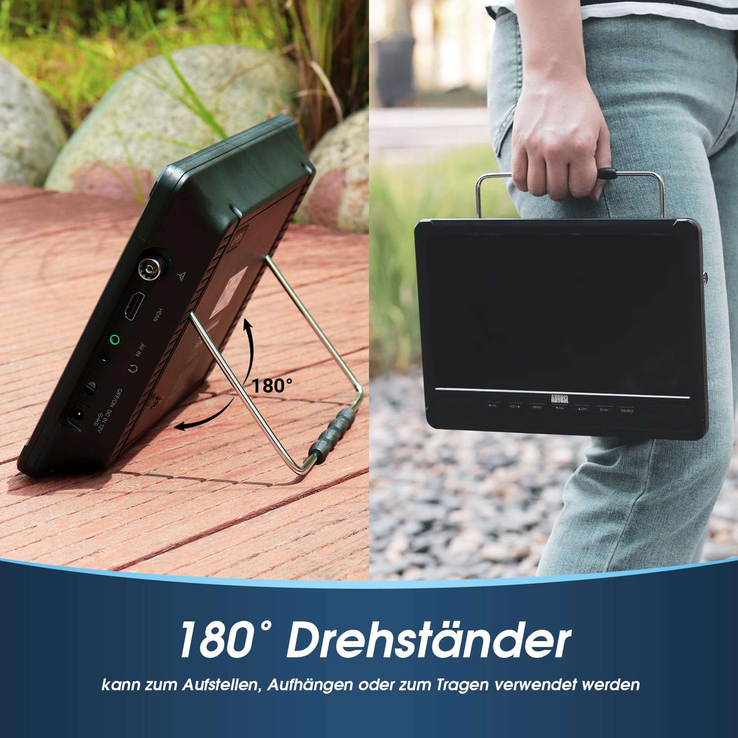 August DA383-10“ tragbarer HD Fernseher mit DVD Player&integriertem Akku-DVB-T2 mini LCD TV mit EPG/Aufnahmefunktion (PVR), CD/DVD/USB/SD-Karte, HDMI, AV - Aux-Ausgang Perfekt für Wohnwagen Zuhause 5