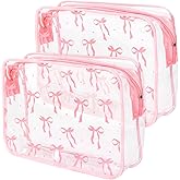 FYSUIMU 2Pcs Pink Bow Clear Makeup Bags Coquette Ribbon Bow Plastic Cosmetic Bags Waterproof Toiletry Travel Pouch for Women Girlfriend Bridesmaid Birthday Mother' s Day