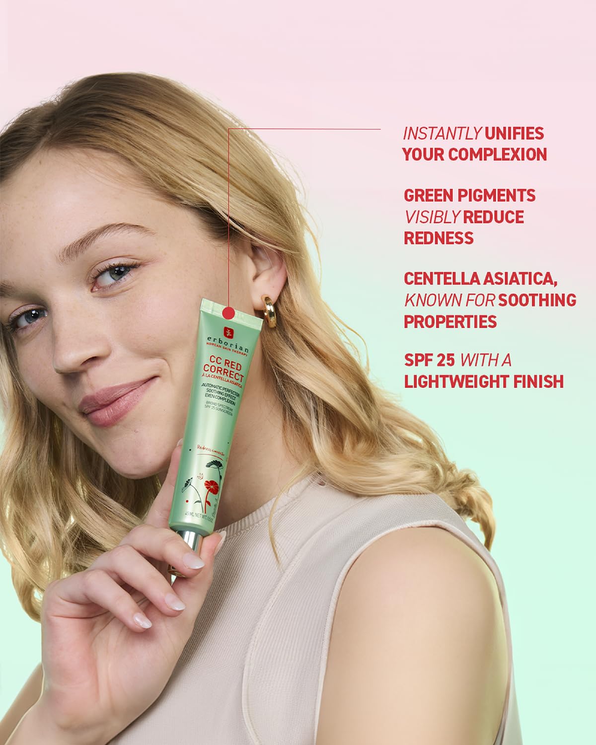 Erborian CC Red Color Correcting SPF 25 Green Pigment Cream, Neutralizes Redness, Calms Skin, Lightweight, Tone‑Perfecting Primer, Korean Skincare