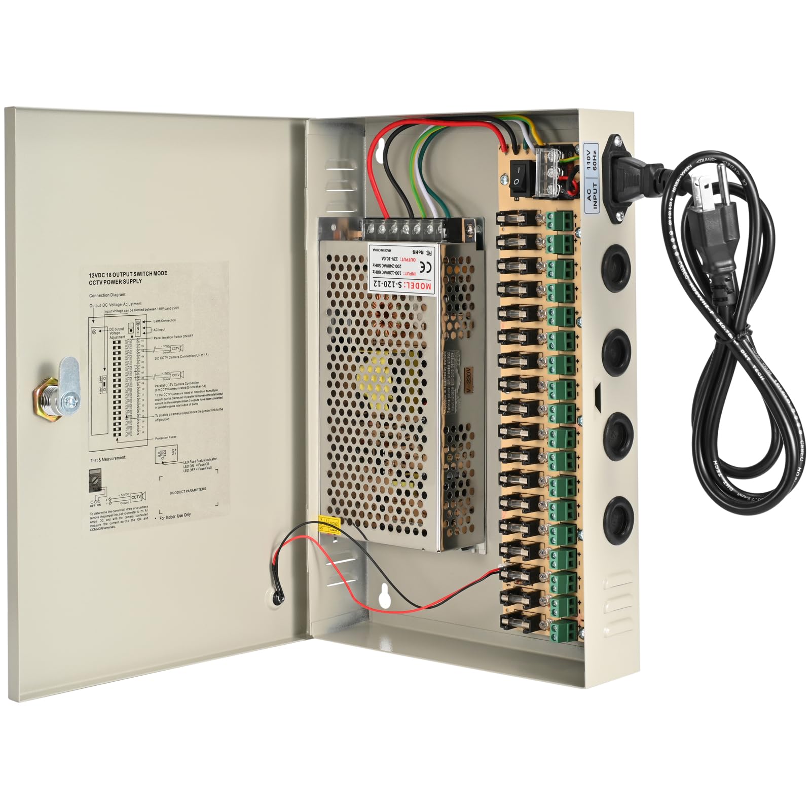 Photo 1 of CCTV Power Supply Box 18 Channel 12V 10A, Lockable Metal Power Distribution with Resettable Fuse for Security Cameras DVRs