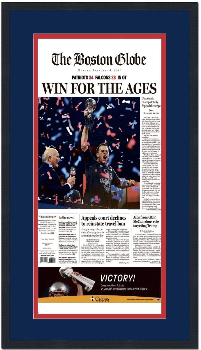 Amazon Com Framed Boston Globe Win For The Ages New England Patriots Super Bowl Li Champions 17x27 Football Newspaper Photo Professionally Matted Sports Collectibles