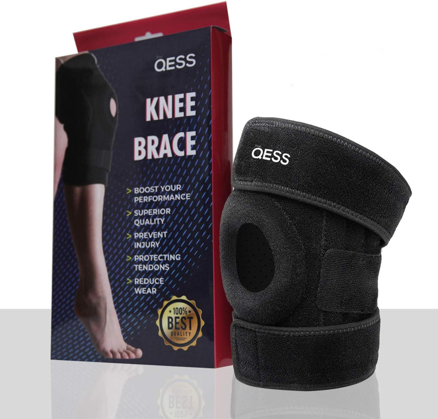 QESS Knee Brace - Adjustable Open Patella Support for Swollen ACL, Tendon, Ligament and Meniscus Injuries - Open Patella Dual Stabilizers Non Slip Comfort Neoprene Athletic Compression for Knee Pain