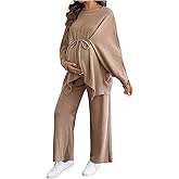 MakeMeChic Women's Two Piece Sets Crew Neck Dolman Sleeve Tie Front Tops and Pants Pregnancy Outfit