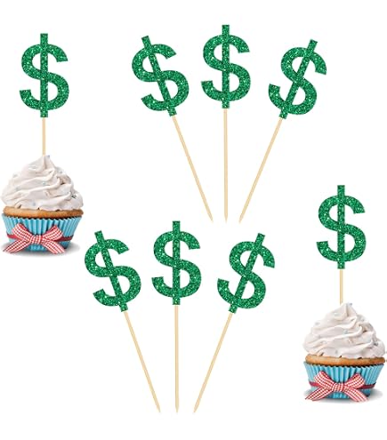 24 Stück Dollar Cupcake Topper – Gold Glitzer Dollar-Zeichen Für Casino-Partys | Cupcake-Deko Für Geburtstag & Hochzeit