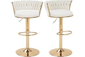 VECELO Bar Stools Set of 2, Adjustable Barstools Counter Height Stools with Back and Arm, Velvet Woven Kitchen Island Stools w/Gold Metal Leg & Base, 360° Swivel Bar Chair for Pubs Dining Room, White