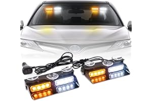 XRIDONSEN 2 in 1 Emergency Dash Strobe Lights Interior Windshield Lights Amber White Warning Hazard Safety Flashing w/Suction Cups for Construction Vehicles, Trucks Car (2×7.16 inch, 16 LED)