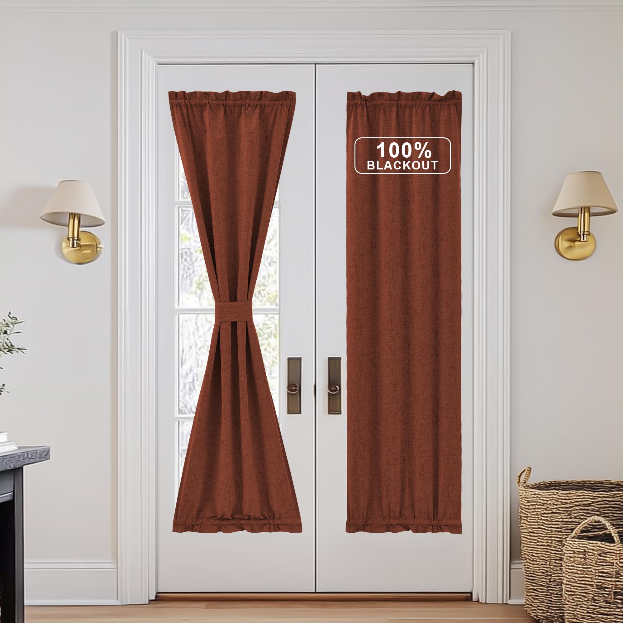 NICETOWN French Door Curtain, Thermal Insulated Linen Drapes Rod Pocket 100% Blackout Privacy for Living Room/Patio Glass, Door Window Shade with Tieback, 1 PC, 36 x 72 inch, Caramel