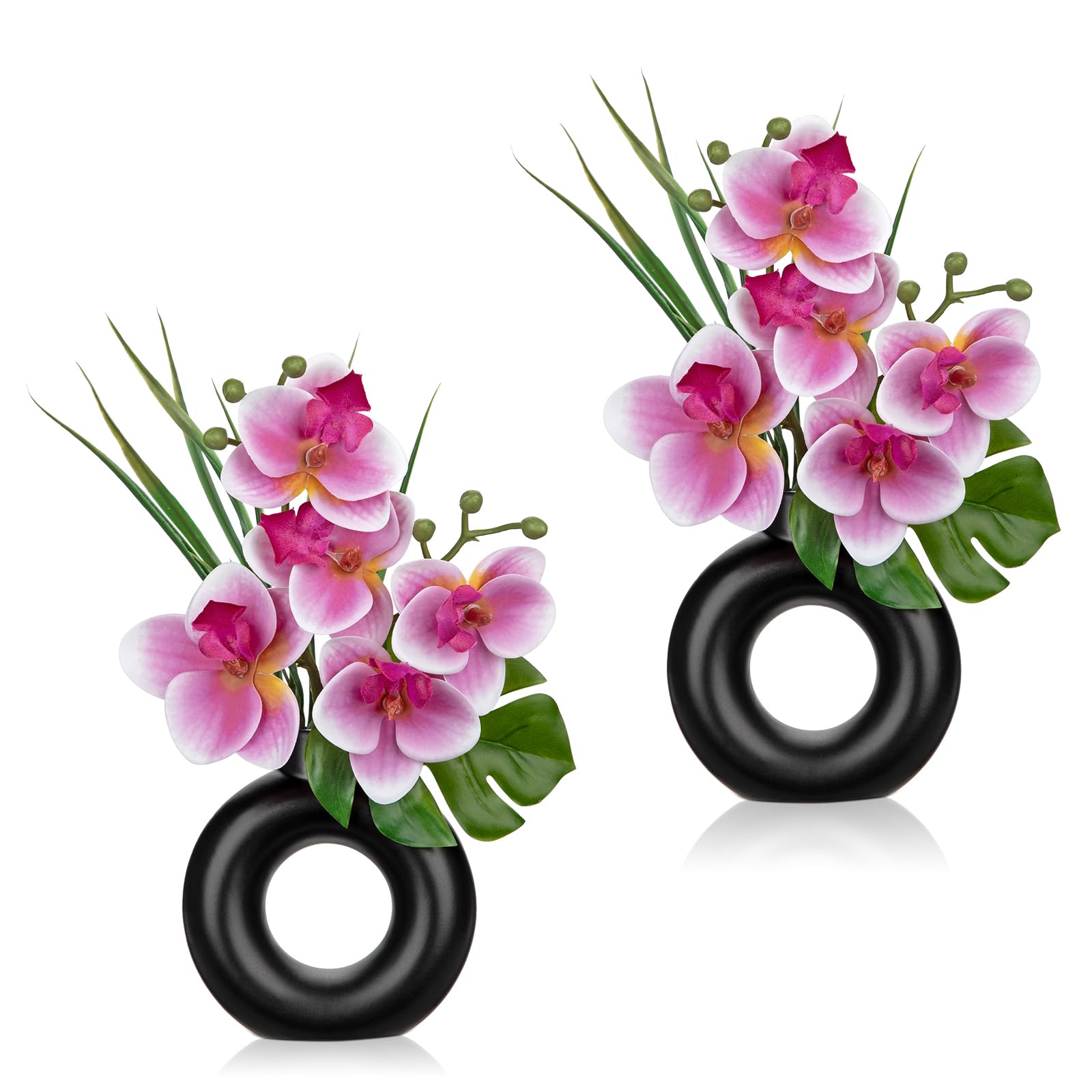 Oairse 2PCS Small Pink Orchid Artificial Flowers in Black Ceramic Pot Silk Orchid Floral Arrangement Fake Orchid Plant for Home Office Dining Room Shelf Table Centerpiece Decoration