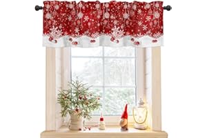 COSYBRIGHT Christmas Window Valance Winter Snowflakes Window Treatment Merry Christmas Ball Ornaments Rod Pocket Curtain Valance,54x18 inch Xmas Snowflake Sparkle Red Kitchen Valance for Bathroom Cafe