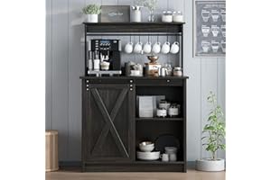 4ever2buy Farmhouse Coffee Bar Cabinet with Hutch, 50 Inch Coffee Bar Hutch with Sliding Barn Door & 6 Hooks for Living Dining Room, Dark Oak