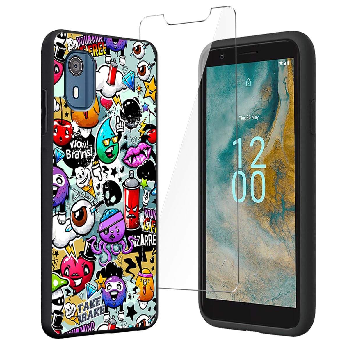 LYZXMY Case for Nokia C02 (5.45") + Tempered Film Glass Screen Protector - Black Silicone Soft TPU Cover Shell - Monster