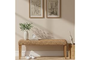 AV CONNECT Solid Wood Acacia Indoor Bench with Natural Woven Seat, 47" Boho Bench Entryway, Wood Bench for Living Room or Entryway, Vintage Bench (Fishbone Style - Natural, Water Hyacinth)