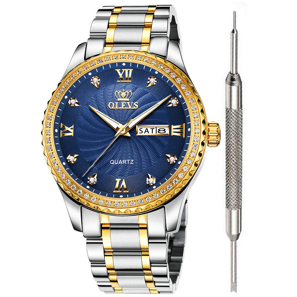 OLEVS Blue Dial Diamond Luxury Watches for Men Waterproof Mens Fine Business Casual Watch Inexpensive Calendar Week Analog Quartz Watch Stainless Steel Classic Wrist Watch Christmas Day Gifts