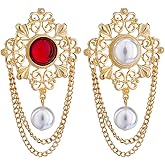 2pcs Vintage Round Pearl Filigree Flower Chain Tassel Brooches Lapel Pins for Women Girls Party Dance Banquet Dainty Boho Gold Dangle Drop Pin Dress Suit Clothes Accessories Jewelry