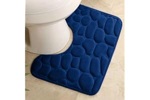 Toilet Rug, Thin Toilet Rugs U Shaped Washable Non Slip Absorbent Quick Dry Low Pile Toilet Mat-Navy Blue