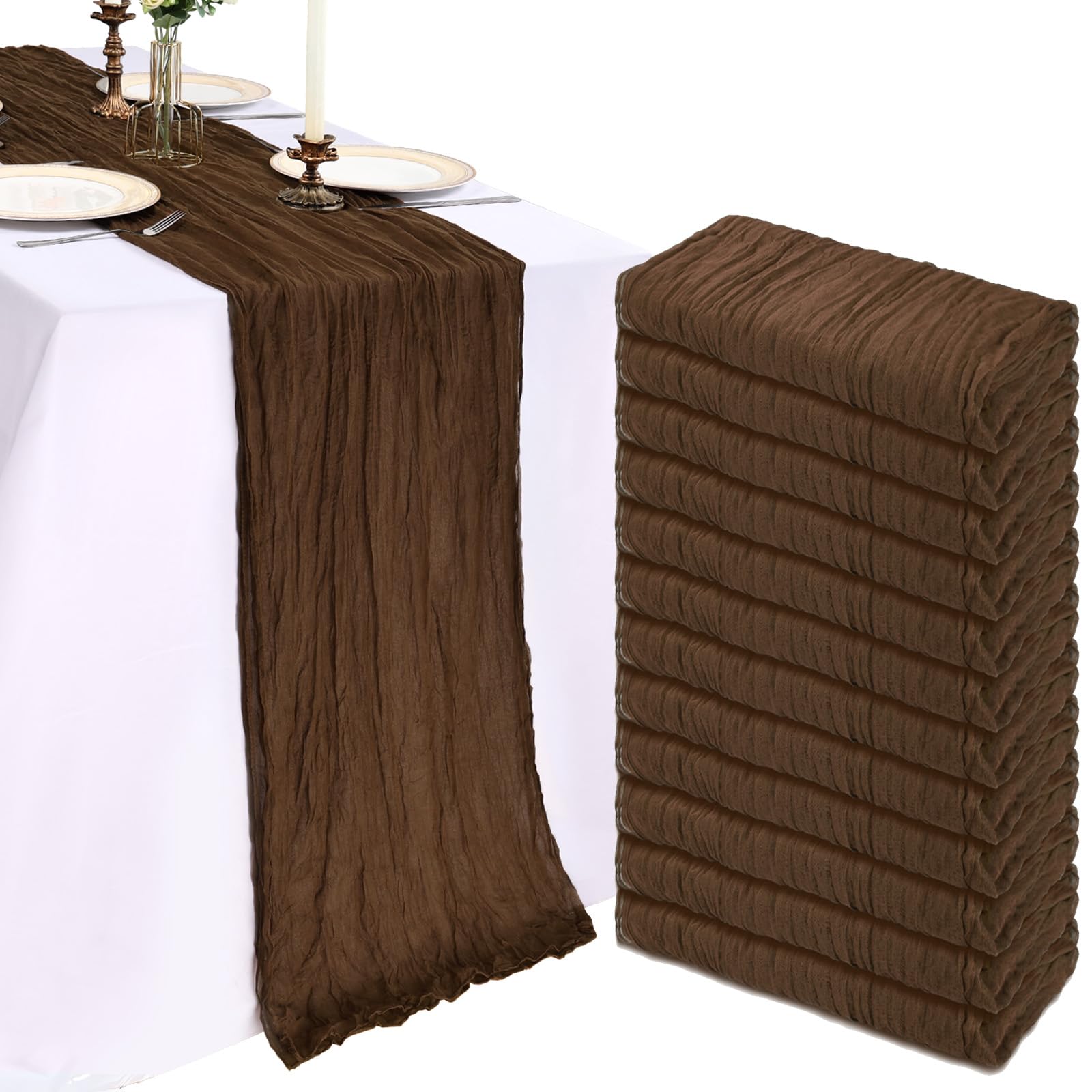 Photo 1 of 12 Pack 10FT Brown Table Runner Cheesecloth Table Runner 120 Inch Gauze Rustic Boho Cheese Cloth Decorations for Wedding Party Birthday Bridal Baby Shower Centerpiece Home Décor
