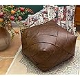 RISEON Boho Handmade Faux PU Leather Moroccan Pouf Cover Footstool Ottoman Leather Poufs Unstuffed 18.9" x 14.96" -Square Floor Cushion Footstool for Living Room, Bedroom and Under Desk (Brown)