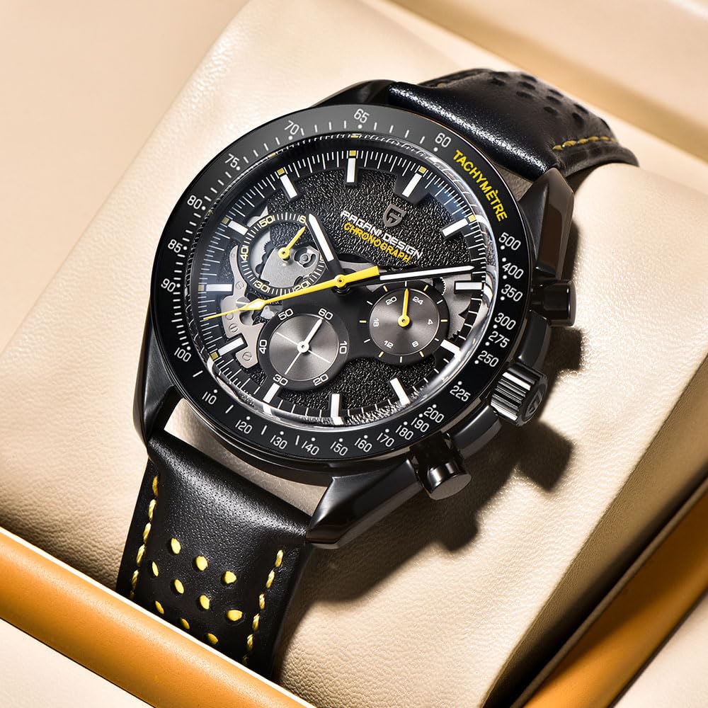 TYBERLEY Pagani Design 1779 Luxury Men's Quartz Watch Moon Chronograph Skeleton AR Synthetic Sapphire VK63 Movement Leather Strap Waterproof Sports Watch Full Black