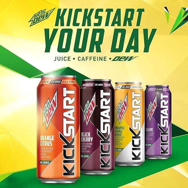 MOUNTAIN DEW KICKSTART, ORANGE CITRUS, 92MG CAFFEINE, VITAMINS B & C, 80 CALORIES, 5% JUICE, 16 FL OZ (PACK OF 12)