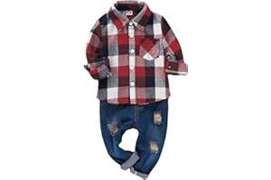 MAMAMI 2Pcs Baby Boys Girls Toddler Kids Red Plaid Flannel Shirt Elastic Waist Ripped Holes Soft Jeans Outfit Set