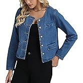 Ladyful Denim Jacket for Women Collarless Long Sleeve Button Down Cropped Jean Jacket Coat