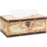 Sumnacon Tissue Box Cover Rectangle Wooden Tissue Box with Lid, Vintage Tissue Box Holder with Retro Pattern, Rustic Tissue Cover for Bathroom Toilet Living Room Table Desk Office Decor, Yellow Map