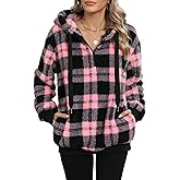 Nirovien Womens Sherpa Pullover Oversized Fuzzy Hoodie Double Fleece Sweatshirts Fluffy Plaid Outerwear Warm Coats