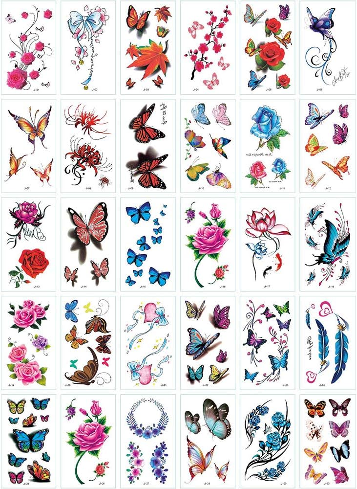 Yesallwas 30 Sheets cute Temporary Tattoo Sticker Fake Tattoos for Women Girls Models,Waterproof Long Lasting Body Art Makeup Sexy Realistic Tattoos -Butterflies