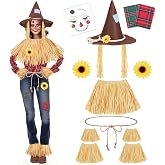 MOVINPE 12 Pieces Scarecrow Costume Kit for Adult Kids, Raffia Scarecrow Accessories Brown Felt Hat Rope Face Decals Patchwork Sunflower for Halloween Harvest Cosplay Party